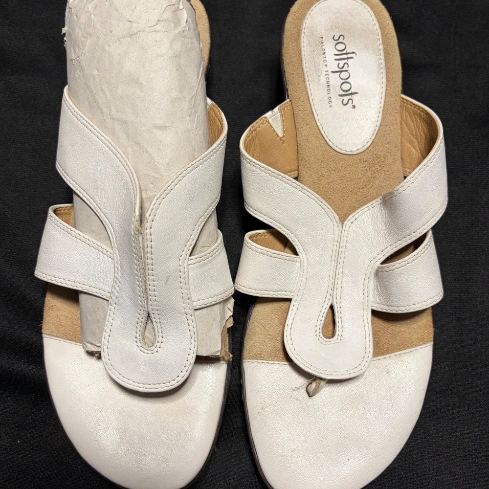 Softspots White Leather T Strap Pillowtop Slide Sandals Women's 9M